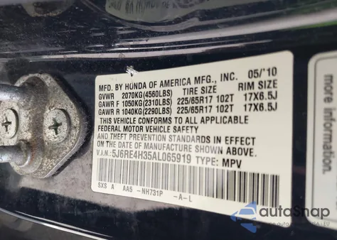 2010 Honda Cr-V Lx z USA, uszkodzony, nr VIN 5J6RE4H35AL065919